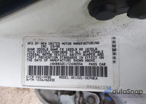 1996 Toyota Corolla Dx from USA, damaged, VIN 1NXBB02E1TZ436554